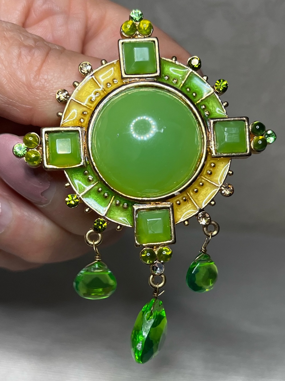 Vintage gold-tone statement brooch, large jade green glass cabochons
